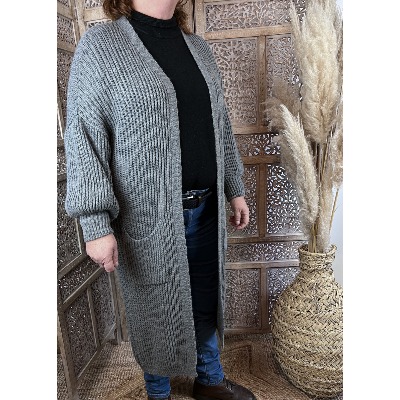 Gilet long grosses mailles gris grande taille