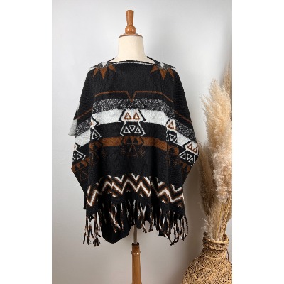 Poncho ethnique noir à franges laine bohème