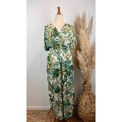Robe longue magique du 38 au 52 imprimée feuillage vert fond blanc
