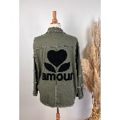 Veste surchemise bohème coton effiloché kaki amour 