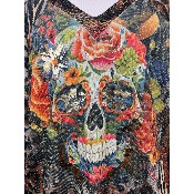 Pull manches longues en mailles lurex imprimées Tête de mort fleurs léopard grande taille