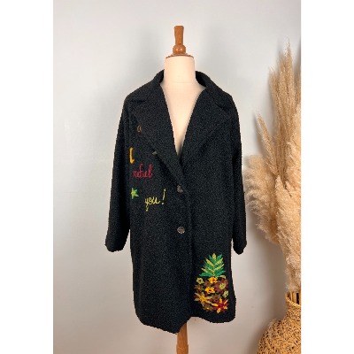 Manteau laine ananas brodé noir grande taille 
