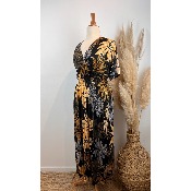 Robe longue magique du 38 au 52 imprimée feuillage orangé fond noir
