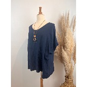 Tunique t-shirt gaze de coton + collier bleu marine grande taille