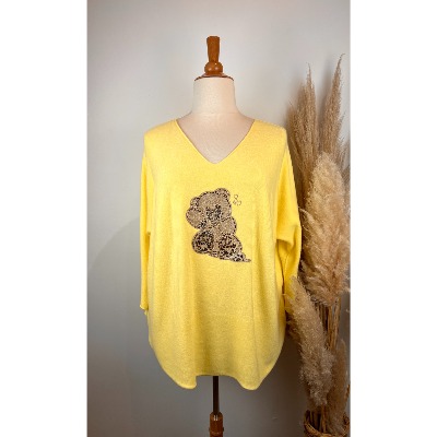 Pull col V ours léopard grande taille