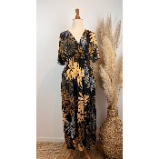 Robe longue magique du 38 au 52 imprime feuillage orang fond noir