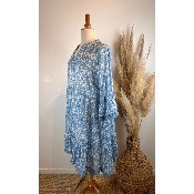 Robe bohème imprimée en coton dentelle volantée bleue grande taille