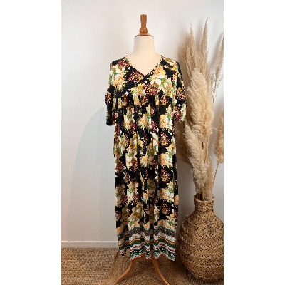 Robe longue viscose imprimé fleuri fond noir grande taille