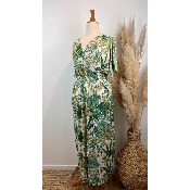 Robe longue magique du 38 au 52 imprimée feuillage vert fond blanc