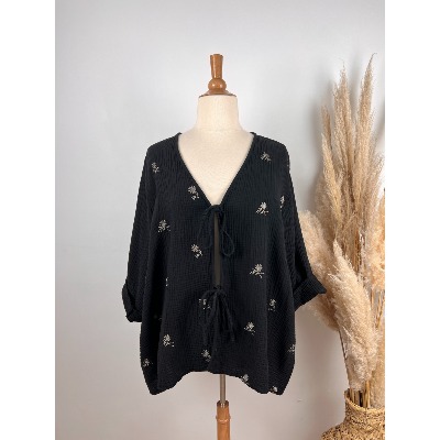 Boléro veste en gaze de coton brodé noir grande taille