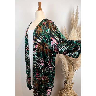 Kimono en soie imprimé tropical vert grande taille