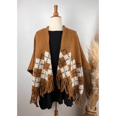 Poncho ecossais camel à franges laine bohème