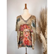 Pull manches courtes en mailles imprimes Frida abstraite grande taille