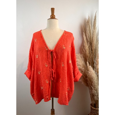 Boléro veste en gaze de coton brodé corail grande taille