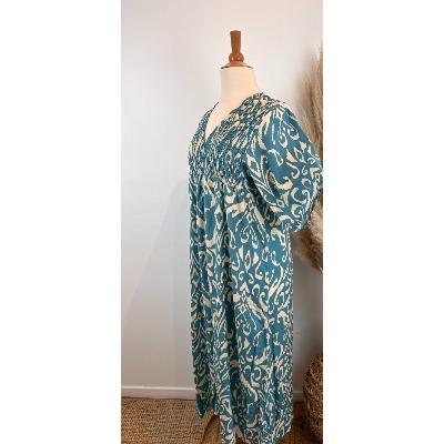 Robe longue bohème imprimés smocks grande taille - bleu