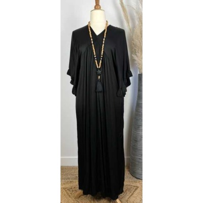 Robe longue noire satinée manches volants bohème grande taille