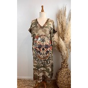 Robe longue en mailles lurex tête de mort mexicaine camouflage Grande Taille