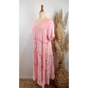 Robe longue gaze de coton effilochée grande taille rose