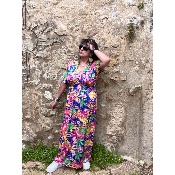 Robe longue magique du 38 au 52 imprime fleurs roses fond bleu