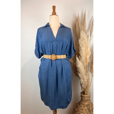 Robe tencel clair ou foncé col chemise + ceinture grande taille