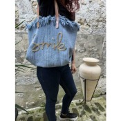 Sac en coton anses cuir smile bleu 