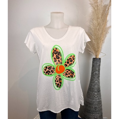 T-shirt fleur pailletée fluo et léopard