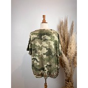 Pull manches courtes en maille lurex imprimée tête de mort camouflage grande taille