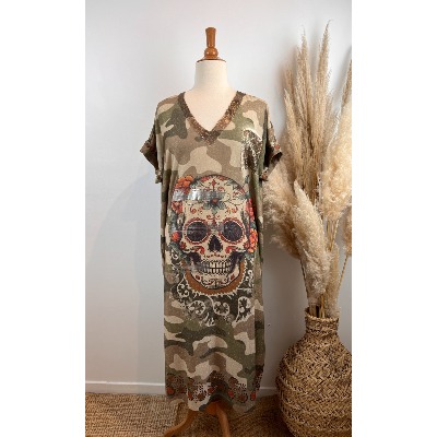 Robe longue en mailles lurex tête de mort mexicaine camouflage Grande Taille