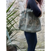 Sac en coton anses cuir bohme - kaki