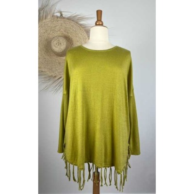 Pull mailles fines à franges lurex argenté - vert anis