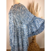Robe bohème imprimée en coton dentelle volantée bleue grande taille