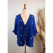 Bolro veste en gaze de coton brod bleu lectrique grande taille