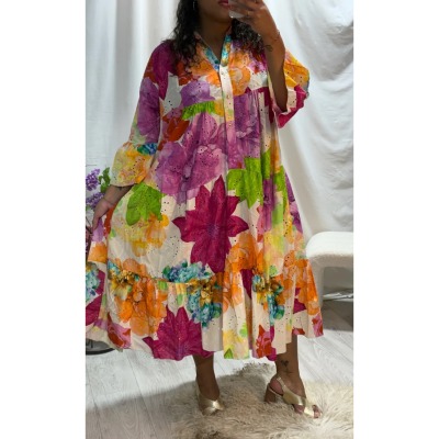 Robe longue bohème colorée coton broderie anglaise grande taille
