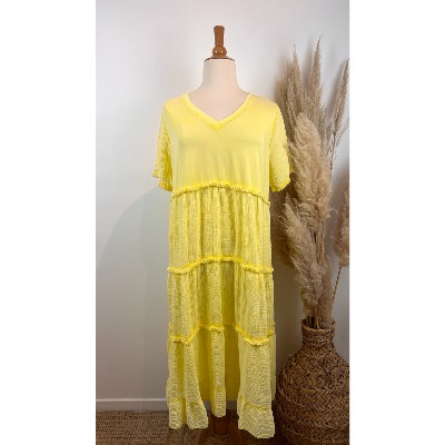 Robe longue gaze de coton effilochée grande taille jaune