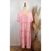 Robe longue gaze de coton effiloche grande taille rose