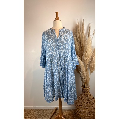 Robe bohème imprimée en coton dentelle volantée bleue grande taille