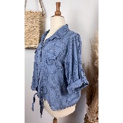 Chemise veste nouée broderie anglaise bleu jean bohème grande taille