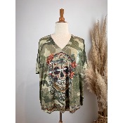 Pull manches courtes en maille lurex imprime tte de mort camouflage grande taille