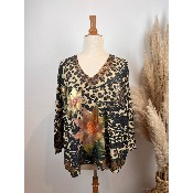 Pull manches longues en mailles lurex imprimées fleur léopard grande taille