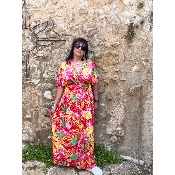 Robe longue magique du 38 au 52 imprime fleurs roses fond rouge
