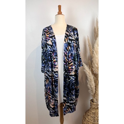 Kimono en soie imprimé tropical bleu grande taille