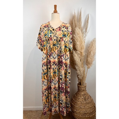 Robe longue viscose imprimé jaune orange grande taille