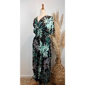 Robe longue magique du 38 au 52 imprimée feuillage vert fond noir
