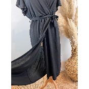 Robe longue noire bas portefeuille manches volantées